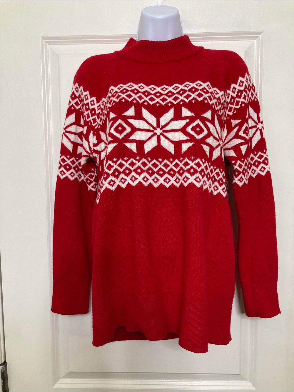 Talbots Women's Sweater Fair Isle Mock Neck Holiday Winter Red White Size M